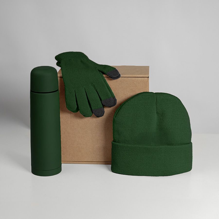 Набор подарочный GET WARM: перчатки шапка термос; зеленый красный - фото 9