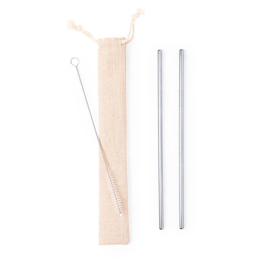 Коктейльные трубочки (2 шт.) с ершиком в чехле KALUX, 3,5х24, нержавеющая сталь, хлопок