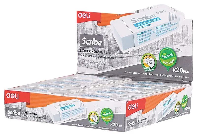 Ластик Deli Scribe EH00210 Scribe 54х20х10мм белый картон.кор. - фото 1