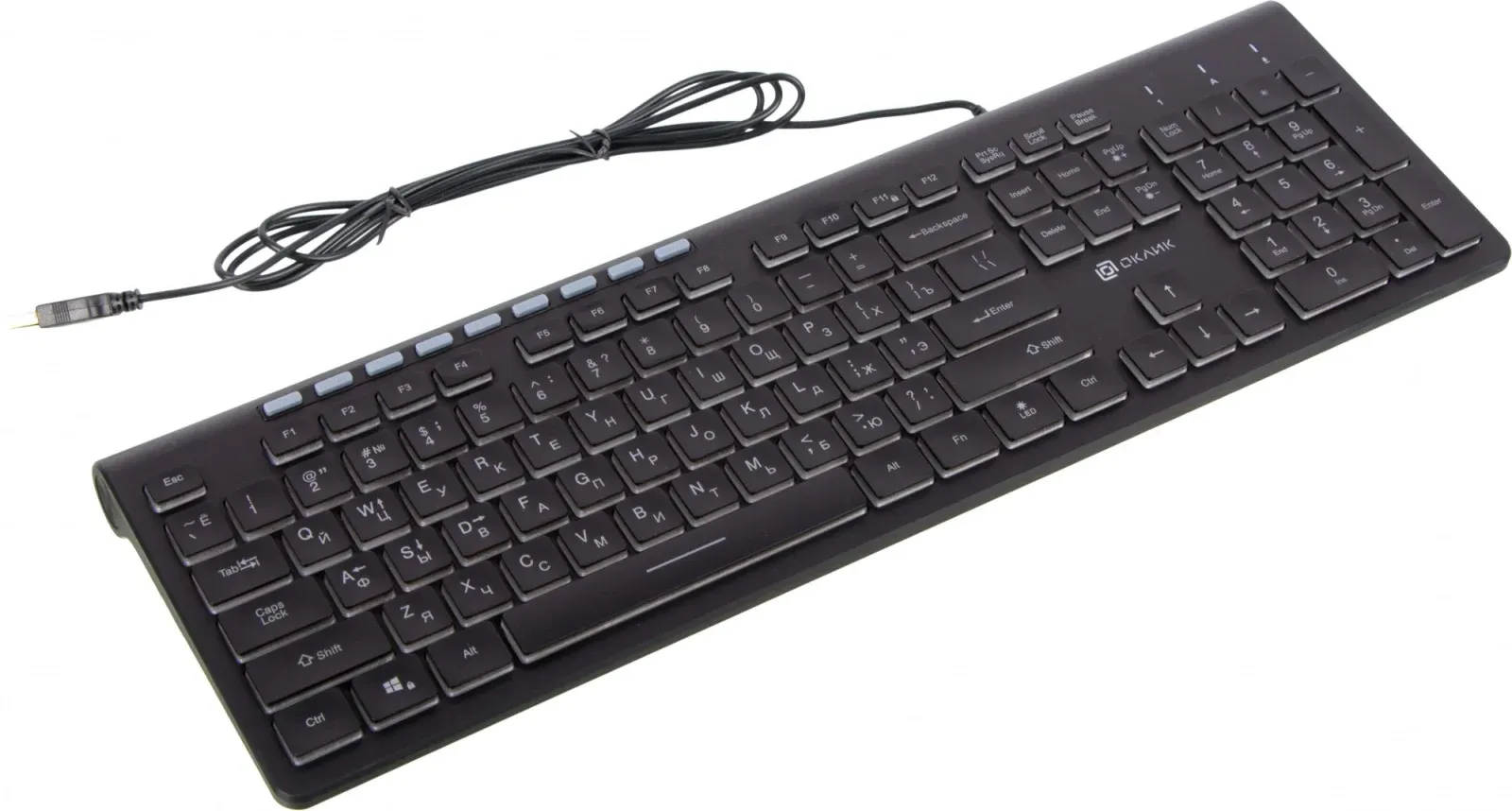 Клавиатура Оклик 490ML черный USB slim Multimedia LED 1067202 кабель 1.5м - фото 2
