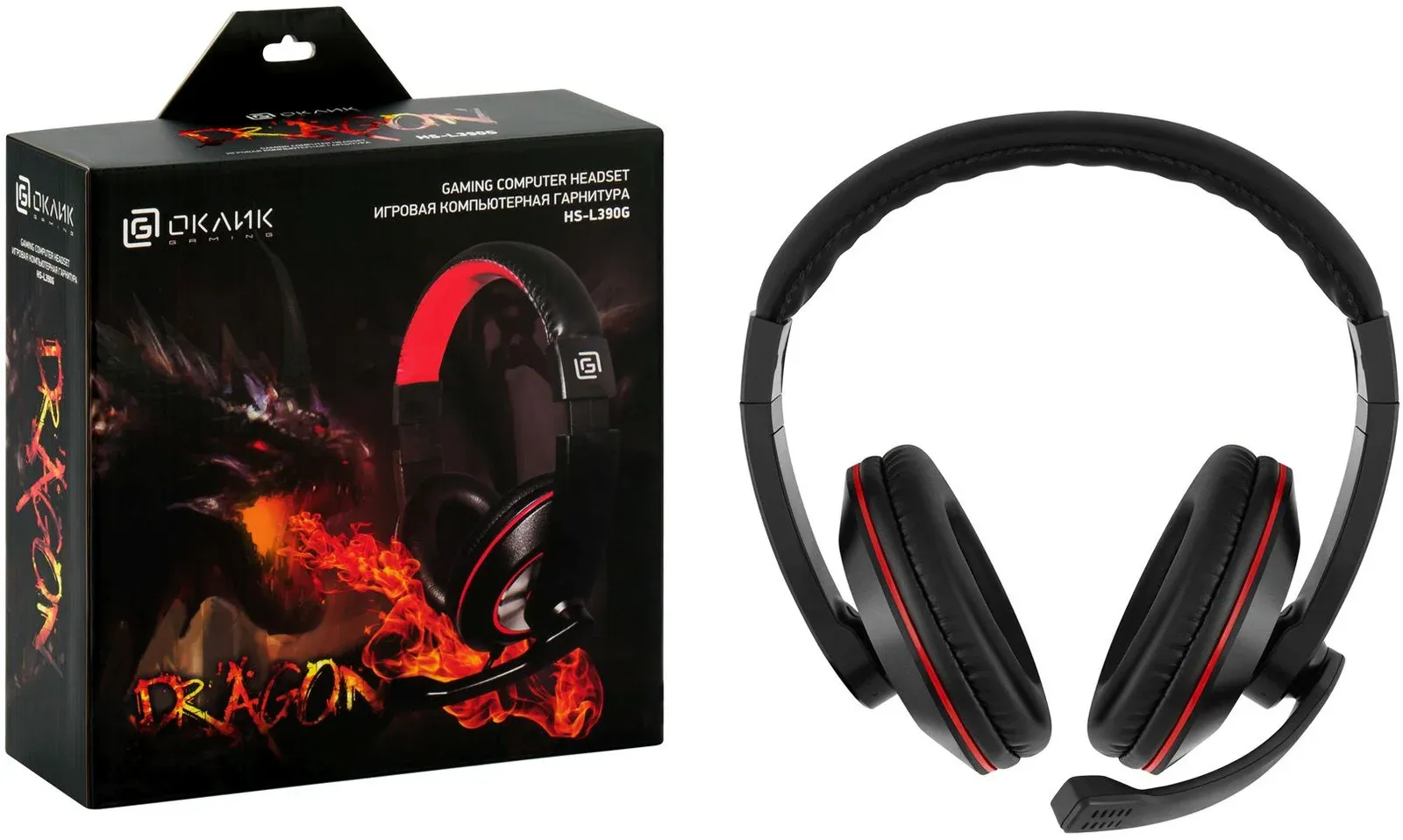 Наушники с микрофоном Оклик HS-L390G DRAGON черный/красный 1.8м мониторные оголовье 1100413 - фото 3