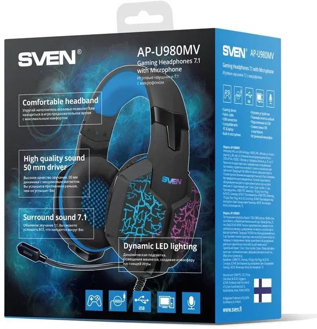 Наушники с микрофоном Sven AP-U980MV черный/синий 2.2м мониторные оголовье SV-015633 - фото 1