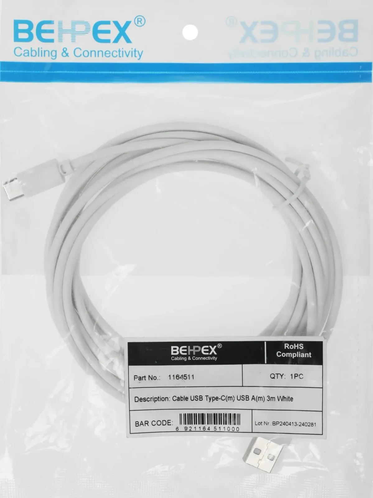 Кабель USB m-USB Type-C m 3м белый - фото 3