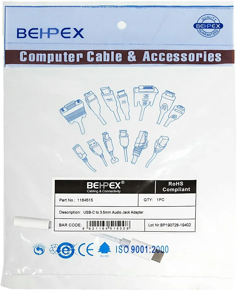 Переходник Jack 3.5 f-USB Type-C m 0.05м белый - фото 1