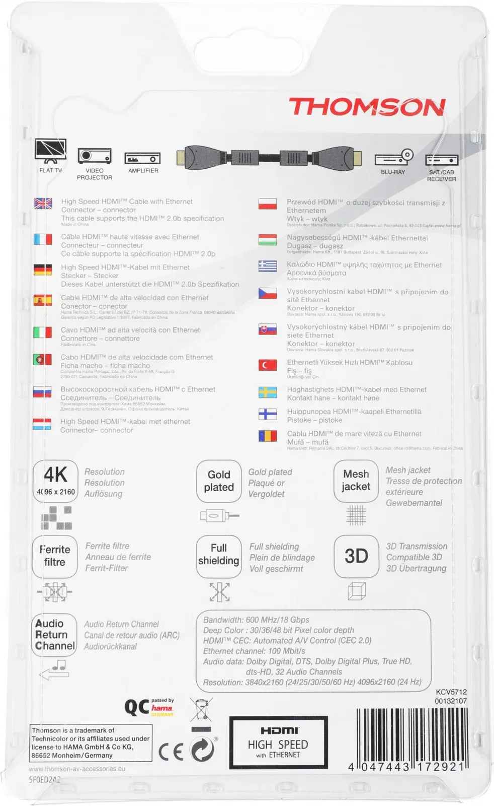 Кабель аудио-видео Thomson High Speed HDMI m/HDMI m 3м. феррит.кольца позолоч.конт. черный 00132107 - фото 3