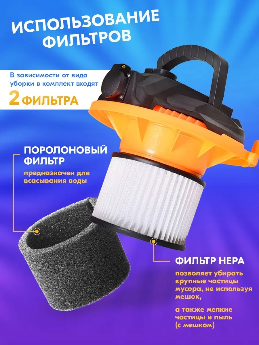 Строительный пылесос Вихрь СП-1500/30 1500Вт уборка: сухая/влажная/выдув/сбор воды серый - фото 2