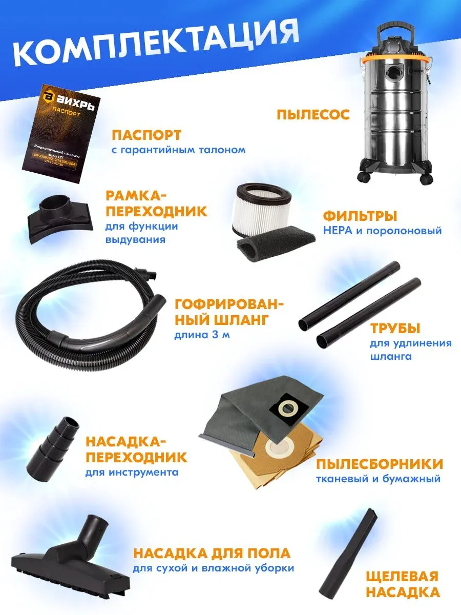 Строительный пылесос Вихрь СП-1500/30 1500Вт уборка: сухая/влажная/выдув/сбор воды серый - фото 4