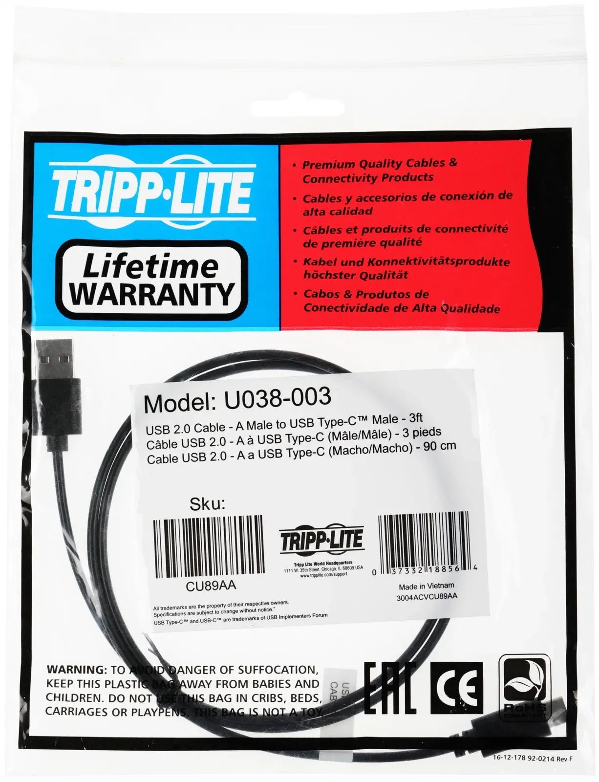 Кабель Tripplite U038-003 USB m-USB Type-C m 0.9м черный - фото 1