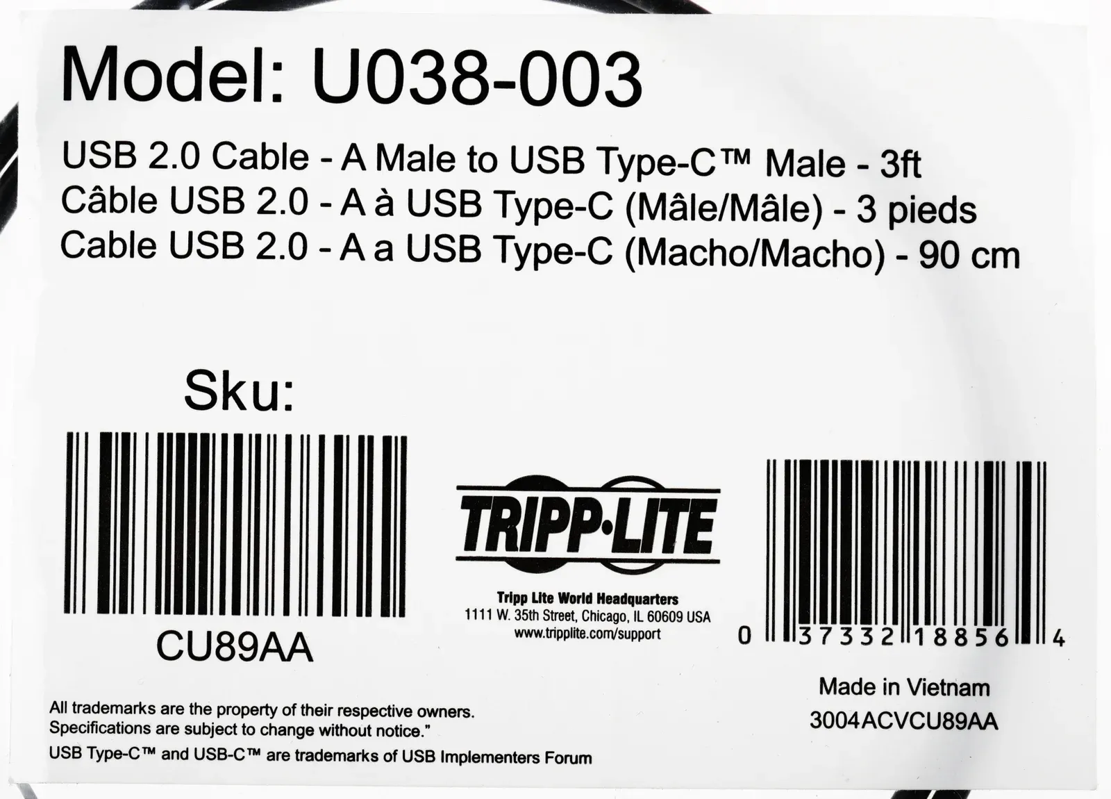 Кабель Tripplite U038-003 USB m-USB Type-C m 0.9м черный - фото 2
