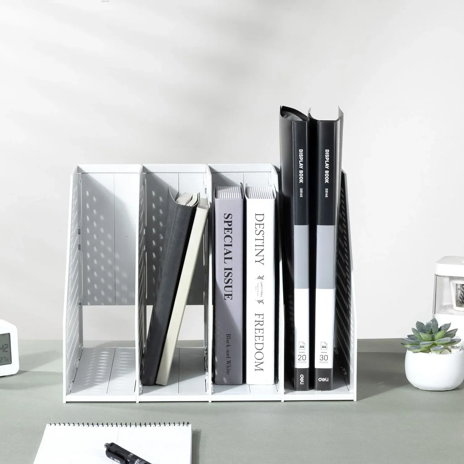 Лоток вертикальный Deli 78995LT-GREY 3отд. складной для бумаг A4 250х256х243мм серый пластик - фото 7