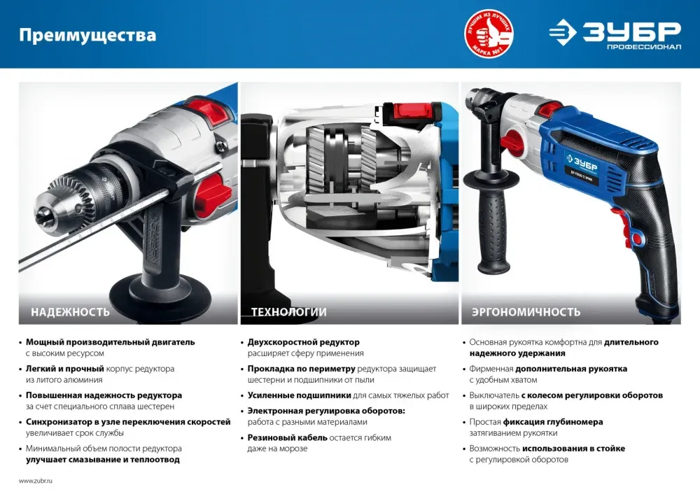 Дрель ударная Зубр ДУ-П850-2 ЭРМ 850Вт ключевой реверс - фото 3