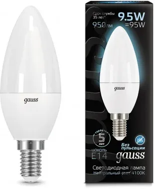 Лампа светодиодная Gauss 9.5Вт цок.:E14 свеча 220B св.свеч.бел.нейт. 35-C упак.:1шт 103101210 - фото 6