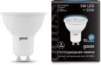 Лампа светодиодная Gauss MR16 5Вт цок.:GU10 спот 220B св.свеч.бел.нейт. MR16 упак.:1шт 101506205 - фото 2