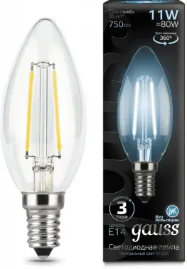 Лампа филам. Gauss Filament 11Вт цок.:E14 свеча 220B св.свеч.бел.нейт. С35 упак.:1шт 103801211 - фото 2