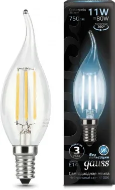 Лампа филам. Gauss Filament 11Вт цок.:E14 свеча 220B св.свеч.бел.нейт. CF35 упак.:1шт 104801211 - фото 7