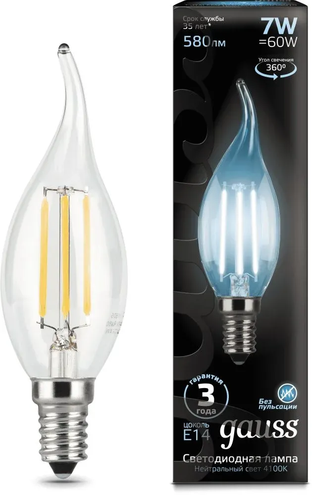 Лампа филам. Gauss Filament 7Вт цок.:E14 свеча 220B св.свеч.бел.нейт. CF35 упак.:1шт 104801207 - фото 5