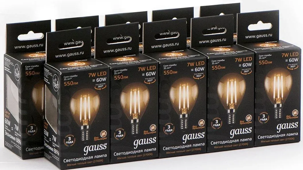 Лампа светодиодная Gauss 7Вт цок.:E14 шар 220B св.свеч.бел.теп. P45 упак.:1шт 105801107 - фото 2