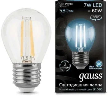 Лампа светодиодная Gauss Filament 7Вт цок.:E27 шар 220B св.свеч.бел.нейт. P45 упак.:1шт 105802207 - фото 7