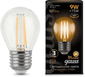 Лампа филам. Gauss Filament 9Вт цок.:E27 шар 220B св.свеч.бел.теп. P45 упак.:1шт 105802109 - фото 2