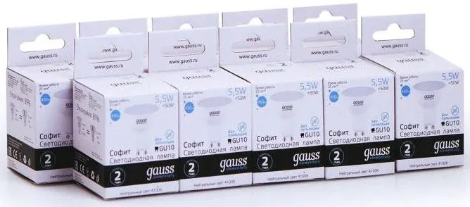 Лампа светодиодная Gauss Elementary MR16 5.5Вт цок.:GU10 спот 220B св.свеч.бел.нейт. упак.:10шт 13626