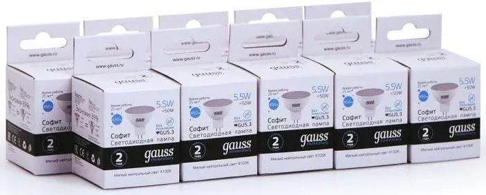 Лампа светодиодная Gauss Elementary MR16 5.5Вт цок.:GU5.3 спот 220B св.свеч.бел.нейт. упак.:10шт 13526 - фото 2