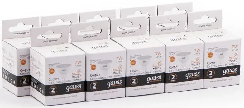 Лампа светодиодная Gauss Elementary MR16 7Вт цок.:GU5.3 спот 220B св.свеч.бел.теп. MR16 упак.:10шт 13517 - фото 2