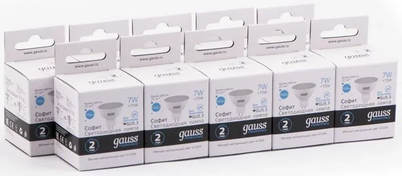 Лампа светодиодная Gauss Elementary MR16 7Вт цок.:GU5.3 спот 220B св.свеч.бел.нейт. MR16 упак.:10шт 13527 - фото 2