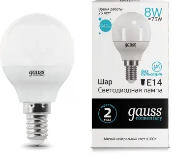 Лампа светодиодная Gauss Elementary 8Вт цок.:E14 шар 220B св.свеч.бел.нейт. P45 упак.:10шт 53128 - фото 3