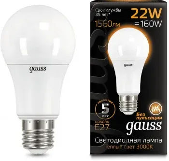Лампа светодиодная Gauss A70 22Вт цок.:E27 груша 220B св.свеч.бел.теп. упак.:1шт 102502122 - фото 6
