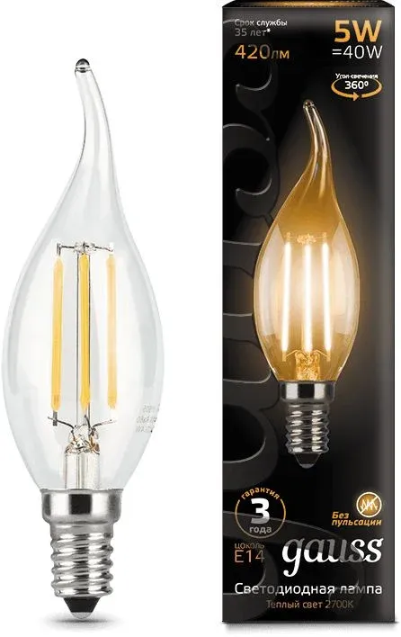 Лампа филам. Gauss Filament 5Вт цок.:E14 свеча 220B св.свеч.бел.теп. упак.:10шт 104801105 - фото 4
