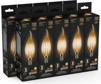 Лампа филам. Gauss Filament 5Вт цок.:E14 свеча 220B св.свеч.бел.теп. упак.:10шт 104801105 - фото 6