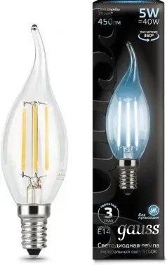 Лампа филам. Gauss Filament 5Вт цок.:E14 свеча 220B св.свеч.бел.нейт. упак.:10шт 104801205 - фото 2