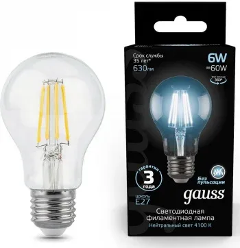 Лампа филам. Gauss Filament A60 6Вт цок.:E27 груша 220B св.свеч.бел.нейт. упак.:1шт 102802206 - фото 7