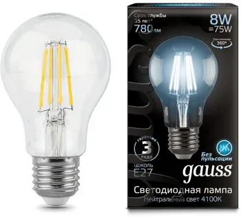 Лампа светодиодная Gauss Filament A60 8Вт цок.:E27 груша 220B св.свеч.бел.нейт. упак.:1шт 102802208 - фото 2