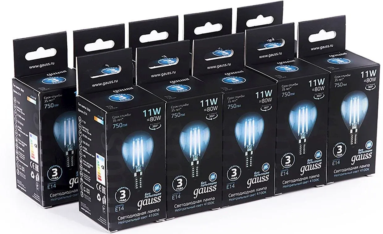 Лампа филам. Gauss Filament 11Вт цок.:E14 шар 220B св.свеч.бел.нейт. упак.:10шт 105801211 - фото 3