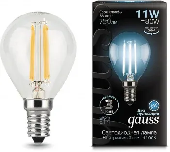 Лампа филам. Gauss Filament 11Вт цок.:E14 шар 220B св.свеч.бел.нейт. упак.:10шт 105801211 - фото 7