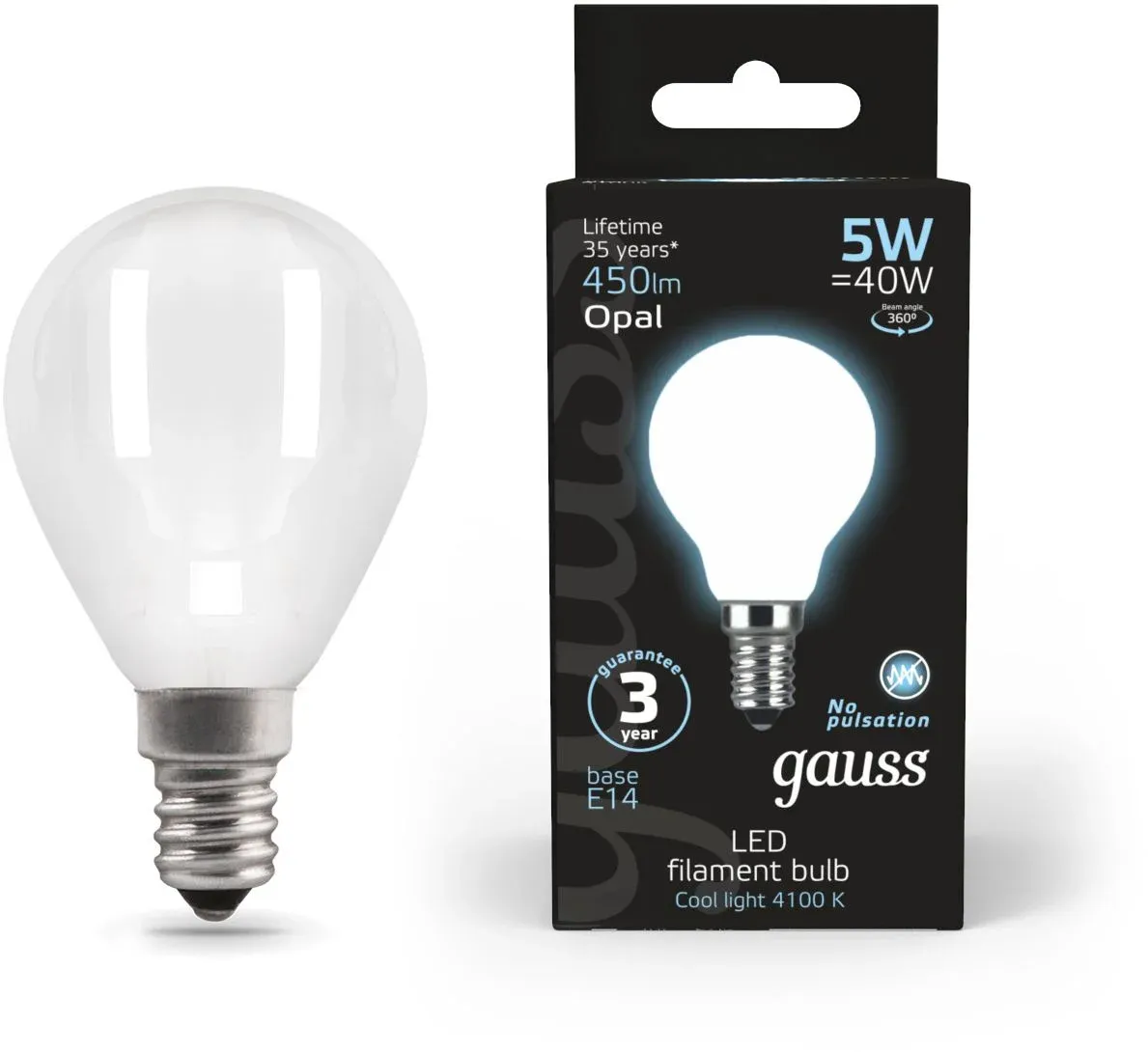 Лампа светодиодная Gauss Filament 5Вт цок.:E14 шар 220B св.свеч.бел.нейт. упак.:1шт 105201205 - фото 2