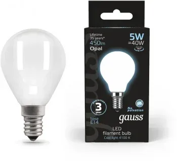 Лампа светодиодная Gauss Filament 5Вт цок.:E14 шар 220B св.свеч.бел.нейт. упак.:1шт 105201205 - фото 8