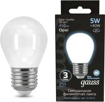 Лампа филам. Gauss Filament 5Вт цок.:E27 шар 220B св.свеч.бел.нейт. упак.:1шт 105202205 - фото 8