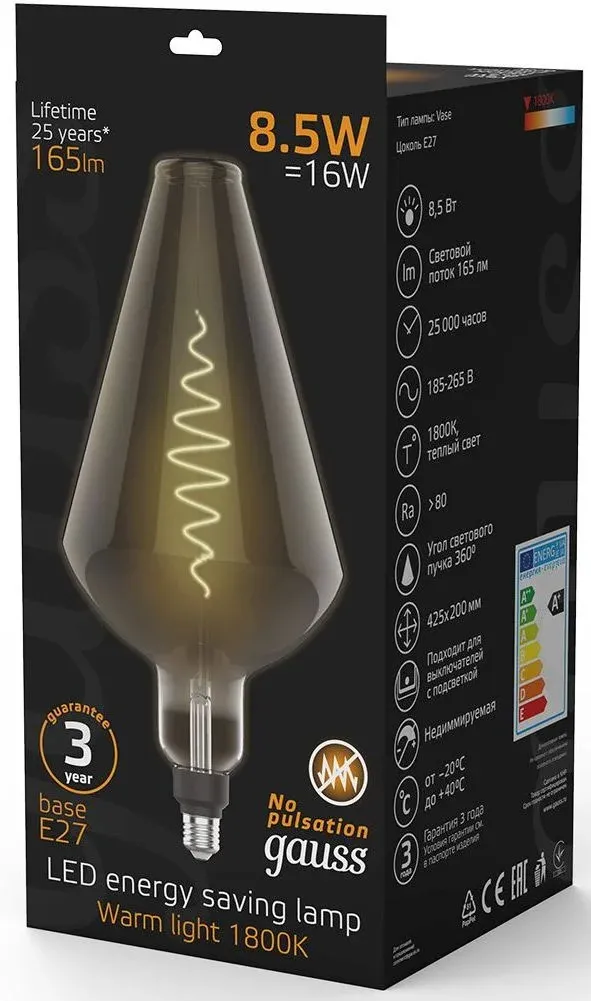 Лампа филам. Gauss Filament Vase 8.5Вт цок.:E27 свеча 220B св.свеч.бел.теп. упак.:1шт 180802005 - фото 5