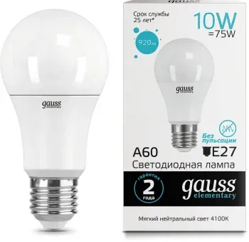 Лампа светодиодная Gauss Elementary A60 10Вт цок.:E27 груша 220B св.свеч.бел.нейт. упак.:1шт 23220 - фото 2