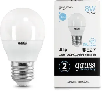 Лампа светодиодная Gauss Elementary 8Вт цок.:E27 шар 220B св.свеч.бел.хол. упак.:1шт 53238 - фото 2