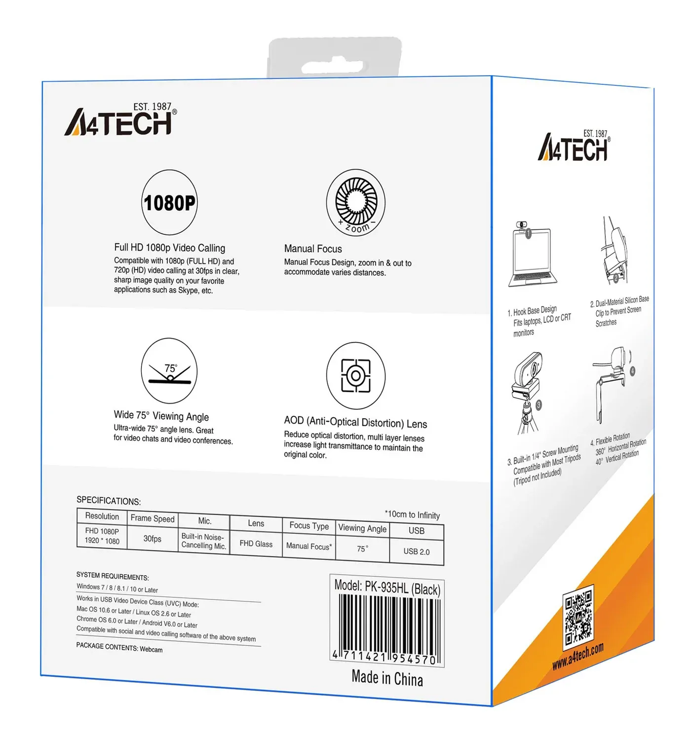 Камера Web A4Tech PK-935HL черный 2Mpix 1920x1080 USB2.0 с микрофоном - фото 2