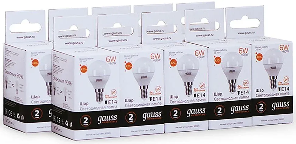 Лампа светодиодная Gauss Elementary 6Вт цок.:E14 шар 220B св.свеч.бел.теп. упак.:10шт 53116 - фото 5