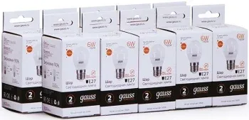 Лампа светодиодная Gauss Elementary 6Вт цок.:E27 шар 220B св.свеч.бел.теп. упак.:10шт 53216 - фото 4