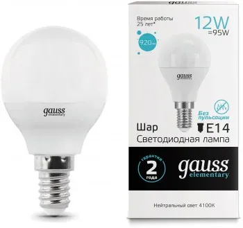 Лампа светодиодная Gauss Elementary 12Вт цок.:E14 шар 220B св.свеч.бел.нейт. упак.:10шт 53122 - фото 7