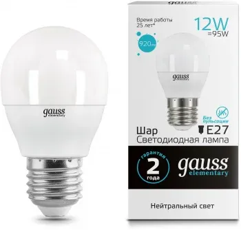 Лампа светодиодная Gauss Elementary 12Вт цок.:E27 шар 220B св.свеч.бел.нейт. упак.:10шт 53222 - фото 7