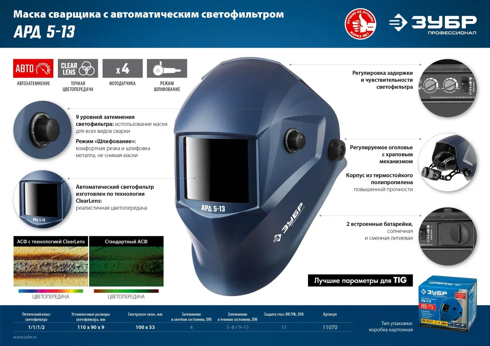 Маска сварщика Зубр АРД 5-13 филь.:стекло кл.:1/1/1/2 см.экр.100x53мм синий 11070 - фото 3