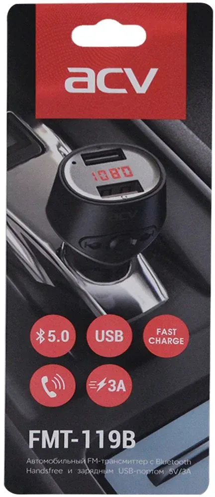 Автомобильный FM-модулятор ACV FMT-119B черный BT USB 37400 - фото 3