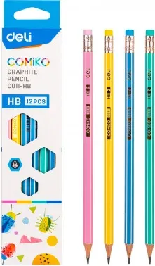 Карандаш ч/г Deli EC011-HB Comiko HB шестигран. липа ассорти кор.европод. 12шт ластик - фото 5